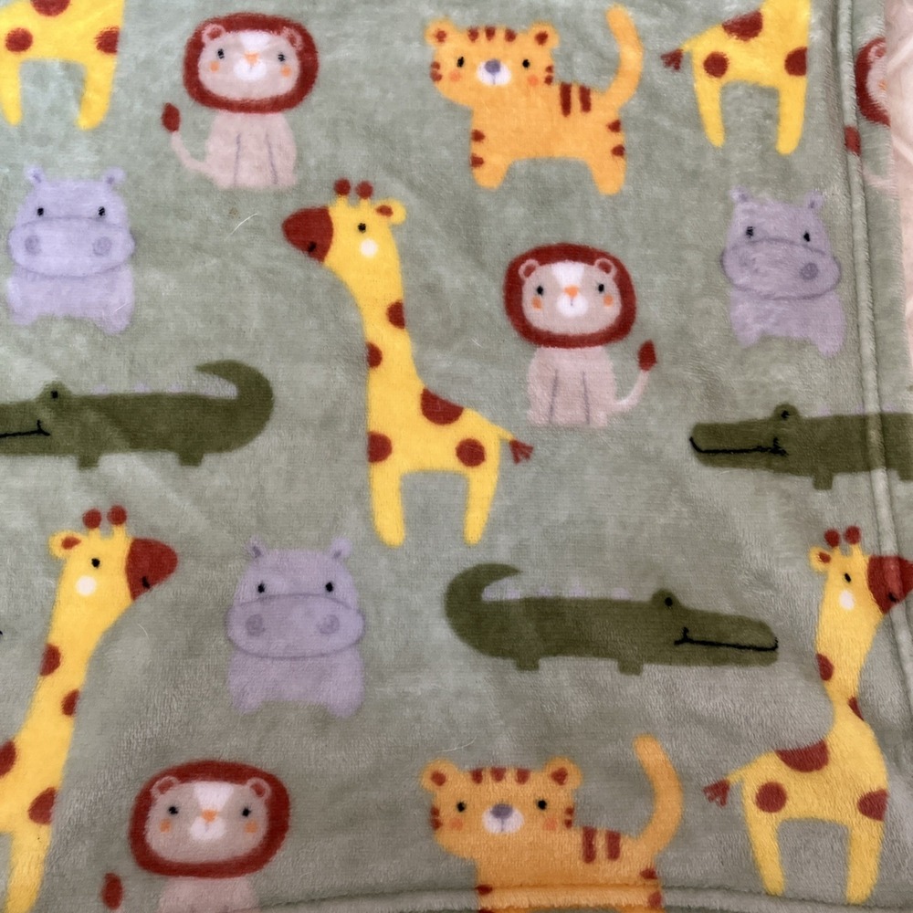 Parent's Choice Green Soft Fleece Baby Blanket Jungle Animals Hippo Giraffe Lion